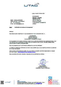 Certification norme ISO 9001 pour le site industriel